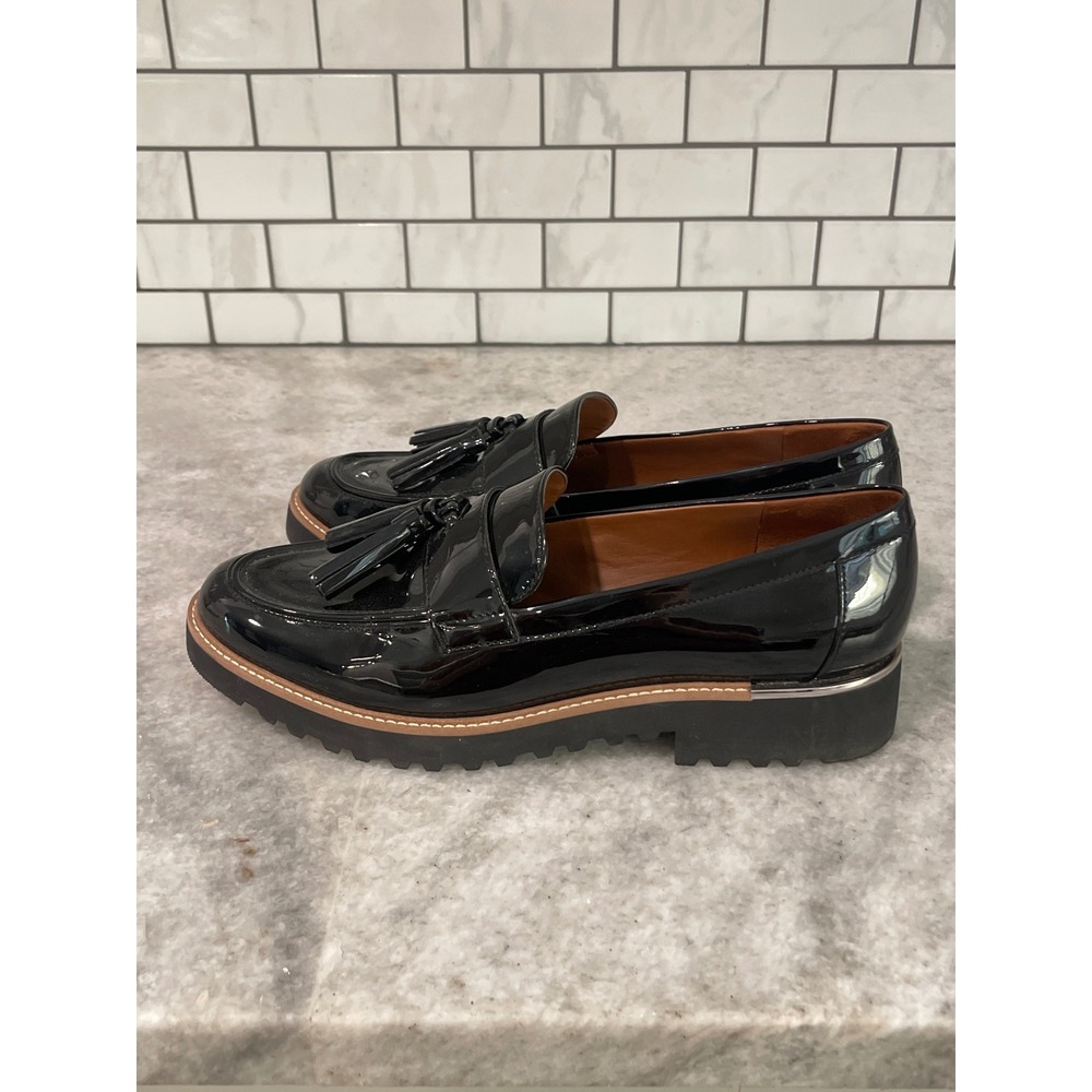Franco Sarto Loafers Womens 10 Black Carolynn Tassel Lug Sole Patent Shoes